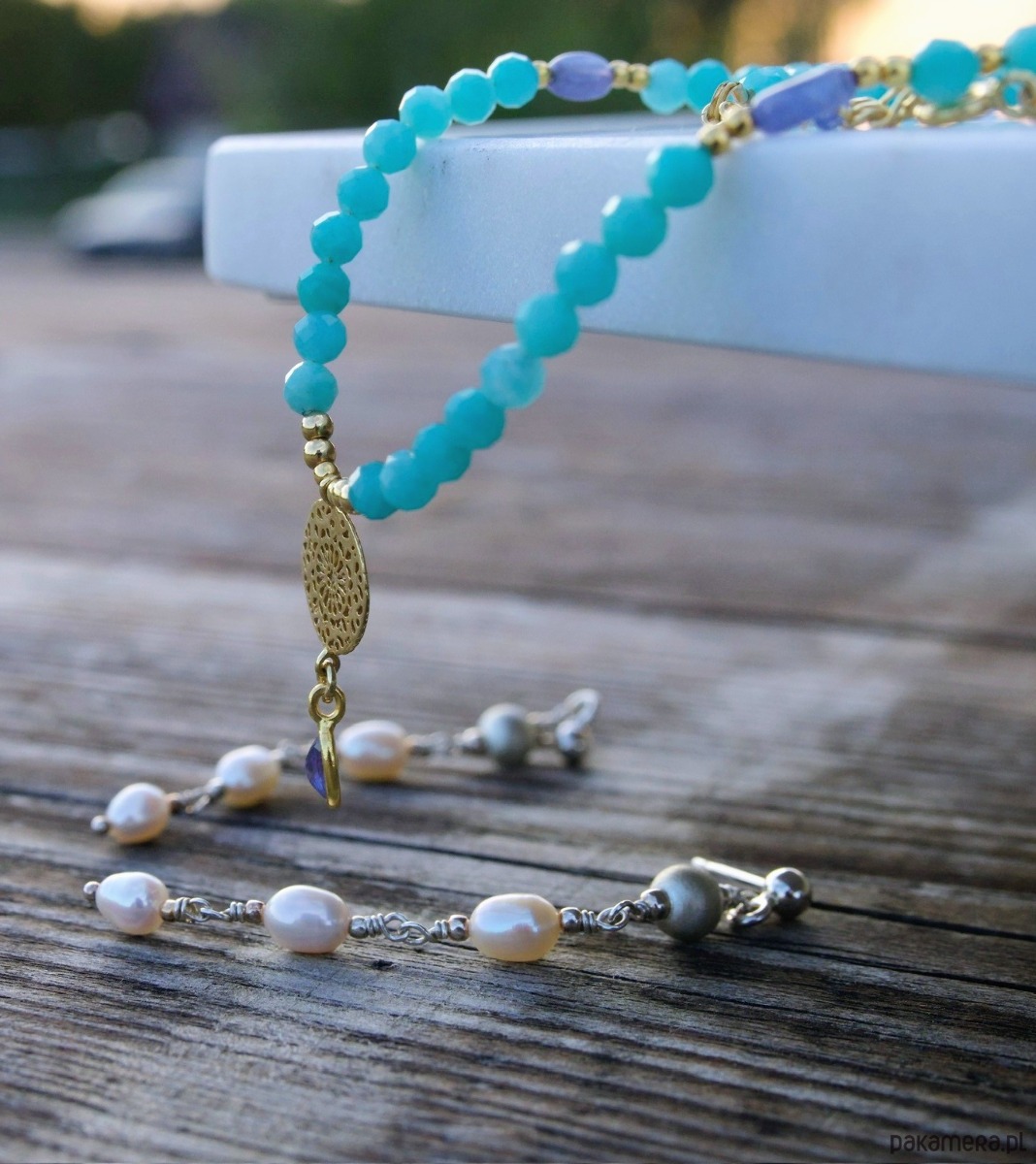 złote naszyjniki Lśniący tanzanit z amazonitami, ekskluzywny naszyjnik 8