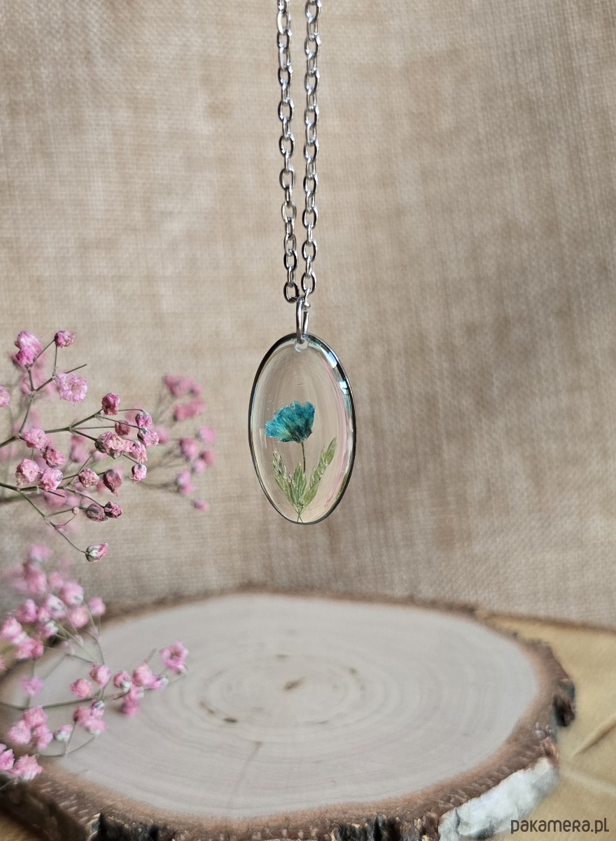 wisiory Srebrna zawieszka jajowata suszone kwiaty niebieska gipsówka 1