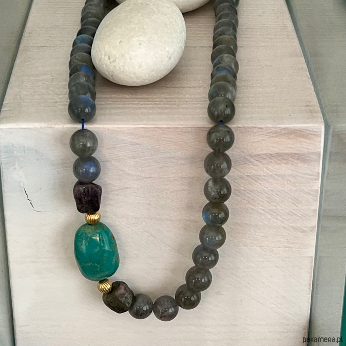 korale NASZYJNIK  z Labradorytu, turkusu, czarnego turmalinu i srebra -  MOC i Energia 2