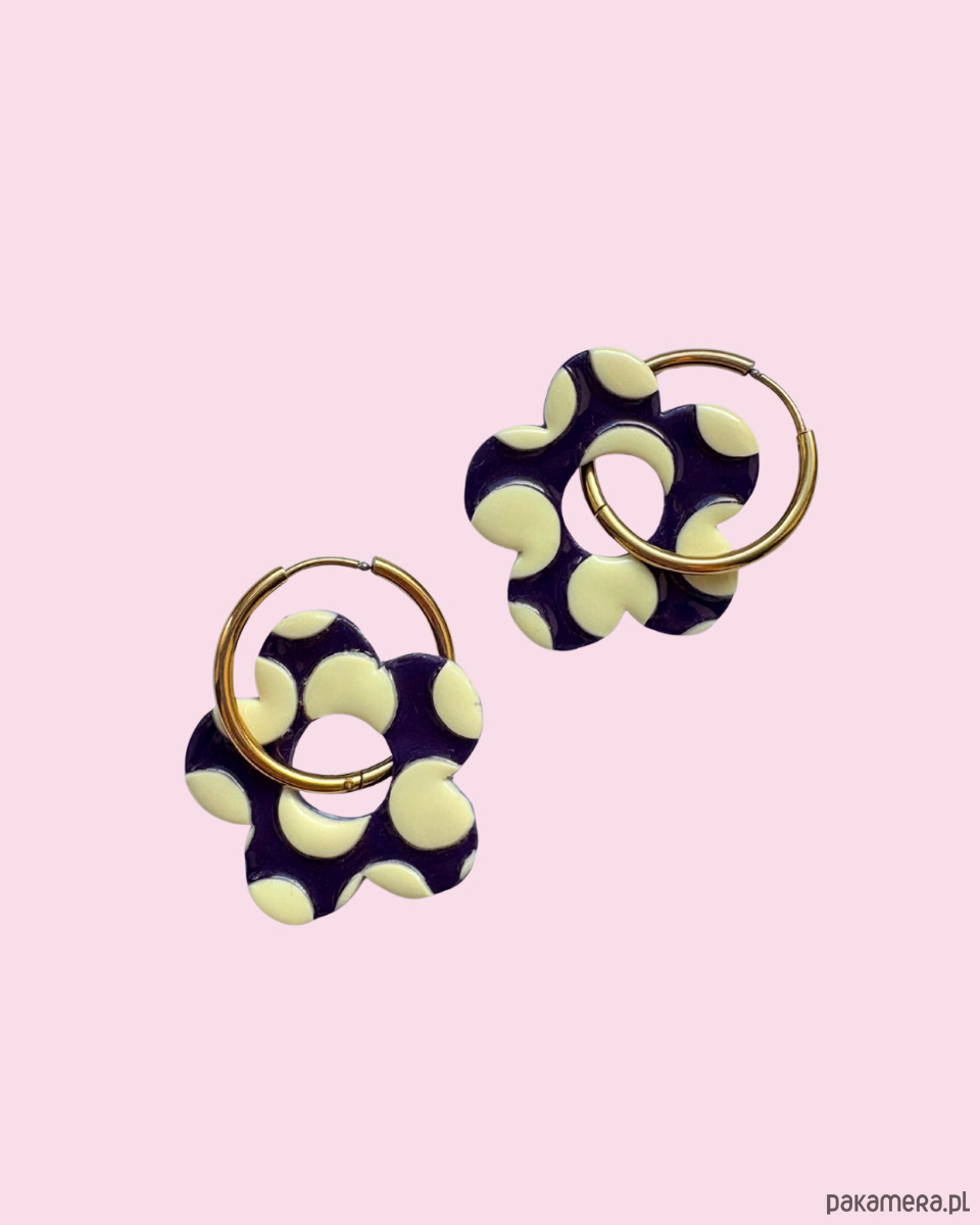 kolczyki z masy plastycznej Kolczyki dwustronne w GROSZKI - fiolet + wanilia 1