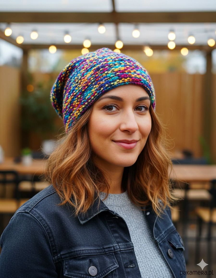 czapki damskie 6928 Wielobarwna Czapka Beanie - Ręcznie Robiona 1