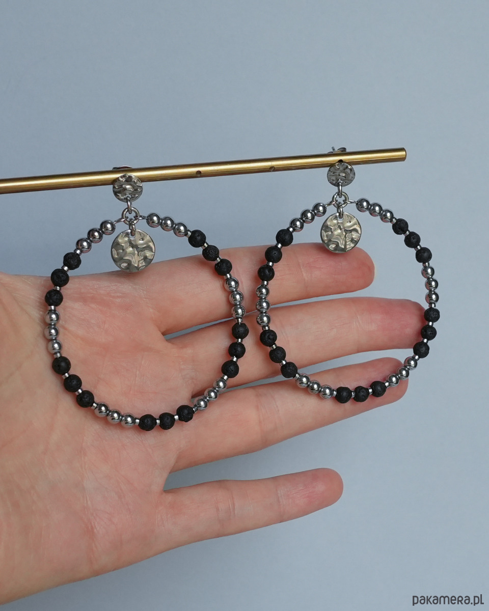 kolczyki z kamieniami Duże kolczyki koła z lawy wulkanicznej i hematytu 3