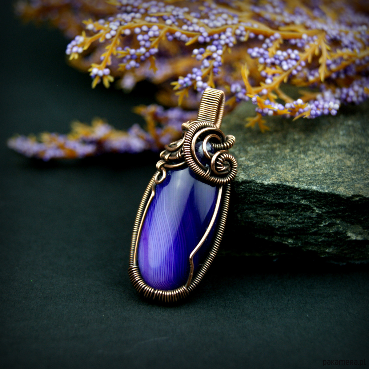 wisiory Wisiorek z fioletowym agatem  wire wrapping 3
