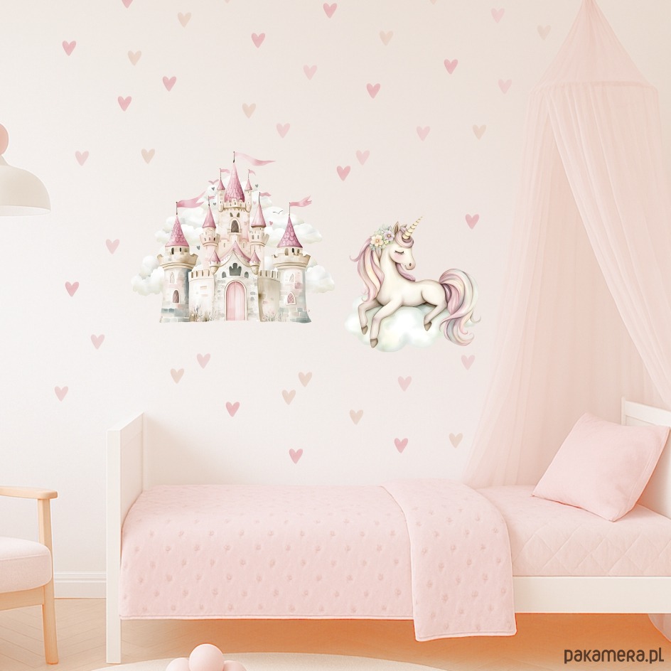 naklejki ścienne do pokoju dziecka Naklejki ścienne dla dzieci Zamek, Jednorożec i serduszka A252 3