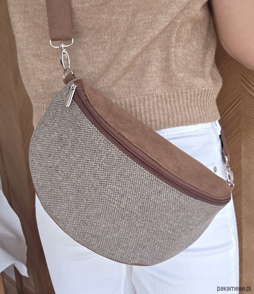 saszetka nerka Beżowo brązowa nerka pleciony materiał boho na ramię pojemna 1