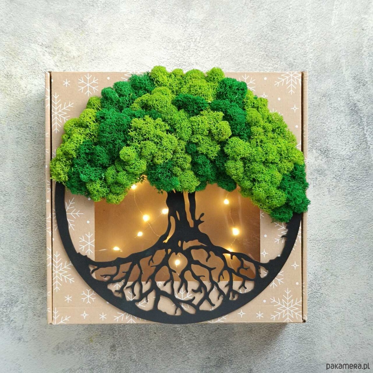dekoracje świąteczne Obraz, drzewo  z mchu chrobotka, w świątecznym pudełku, 30cm. 1