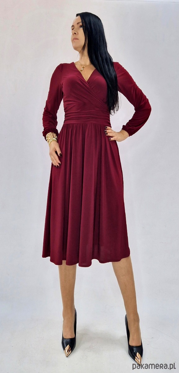 sukienki midi damskie Bordowa  elegancka sukienka  midi draperia r 36-56 2