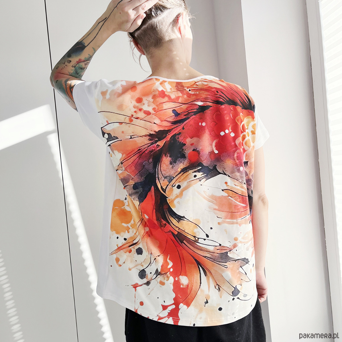t-shirt damskie Koi pomarańczowy fullprint Biały Oversize 4