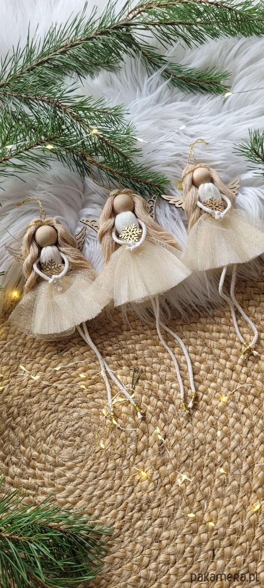 ozdoby choinkowe Świąteczny box aniołki na choinkę boho złote 5 sztuk 4