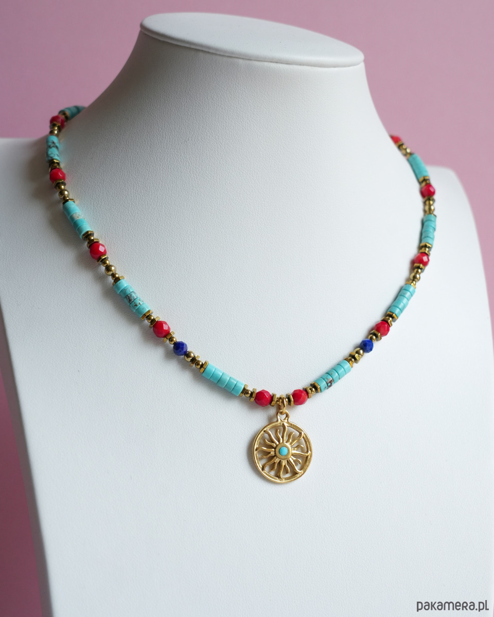 chokery Kolorowy naszyjnik boho z magnezytem, koralem i słońcem 2