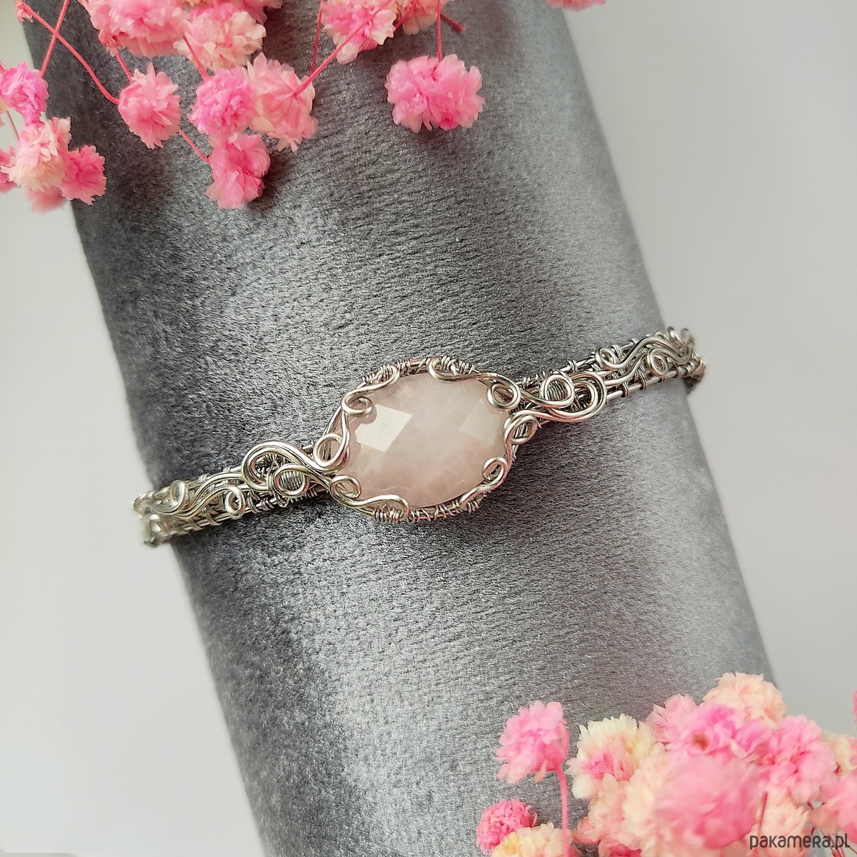 bransoletki wire wrapping Bransoletka Kwarc Różowy sztywna stal chirurgiczna handmade wirewrapping 1