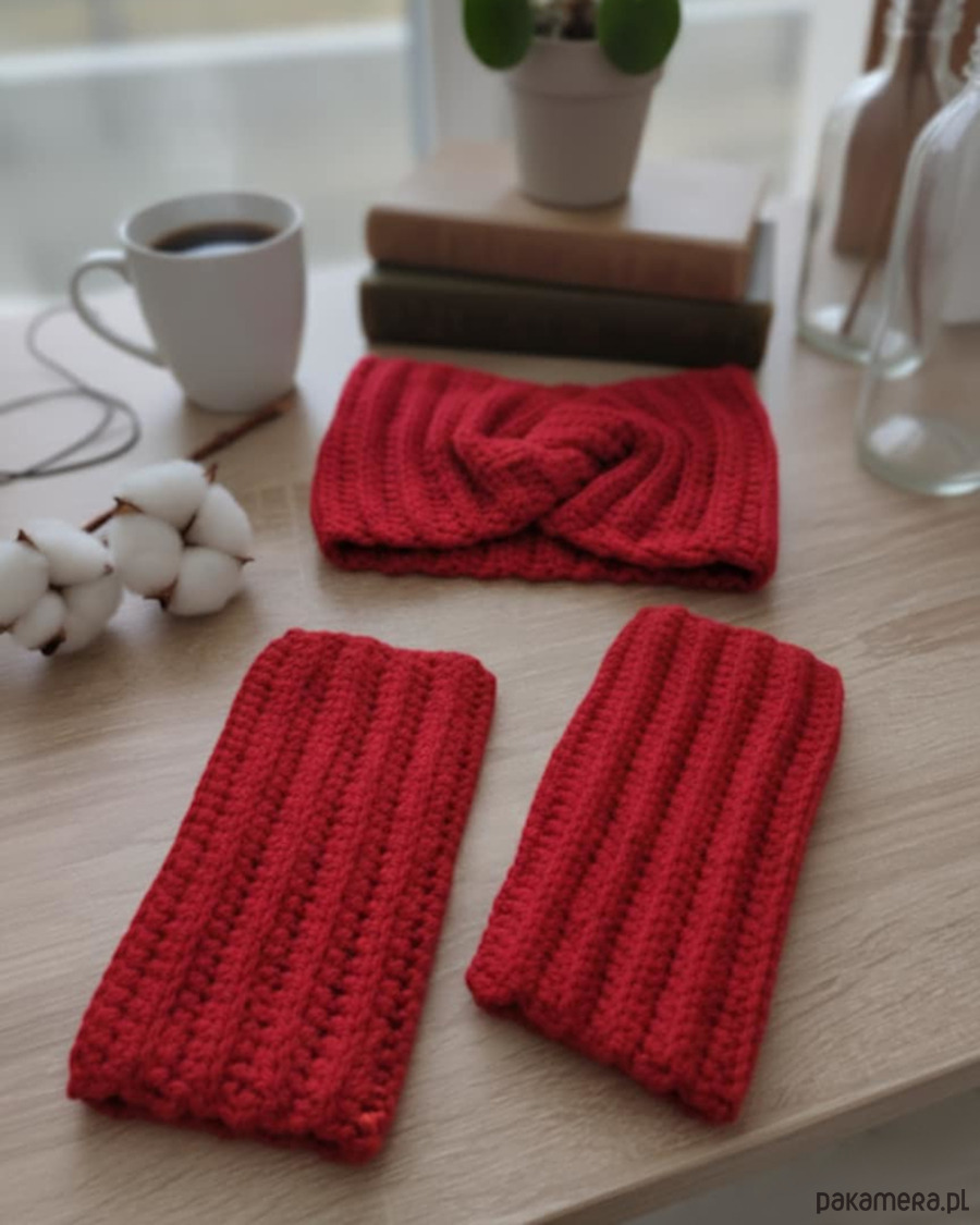 opaski do włosów Komplet opaska na głowę i mitenki na szydełku Om01 2