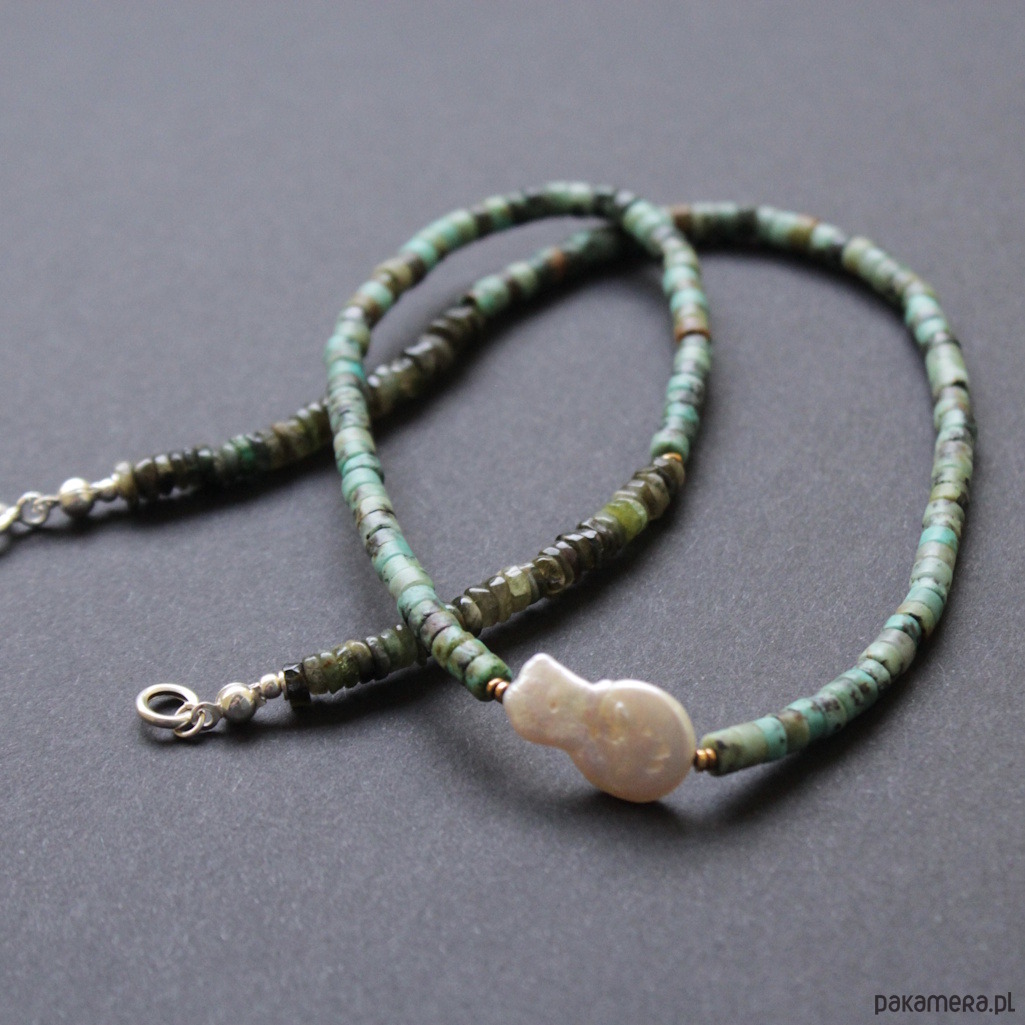 srebrne naszyjniki Naszyjnica z turkusem, zielonym turmalinem i perłą 1