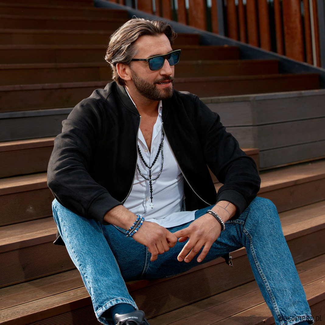 biżuteria męska Męska bransoletka - czarne kostki na sznurku 3