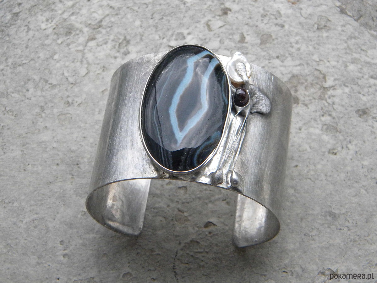 bransoletki wire wrapping Agat - perła - granat  - BRANSOLETA MANKIET - CUFF 1