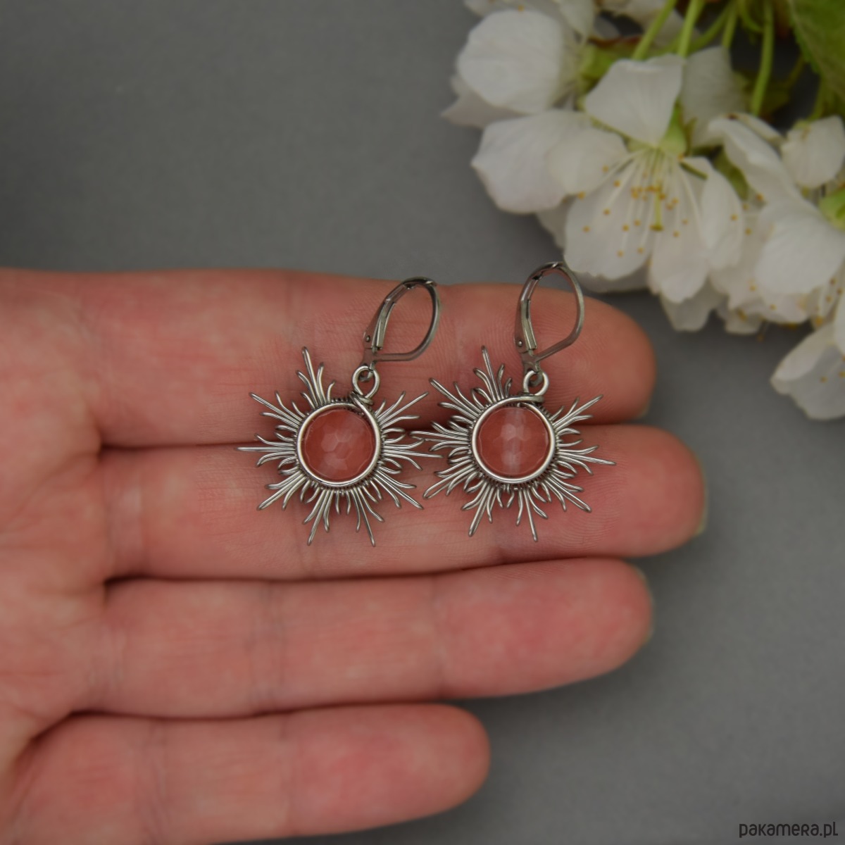 kolczyki wire wrapping Różowe kolczyki słońce kwarc malinowy wire wrapping słoneczka 3