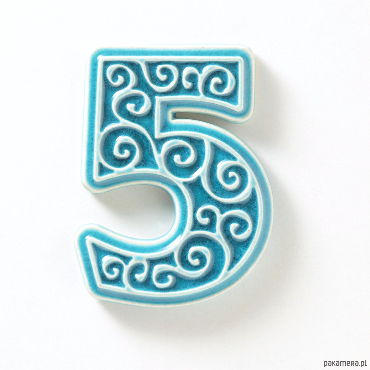 napisy dekoracyjne i tabliczki Numer mieszkania - ceramiczna cyfra 5 turkusowa, wys.8 cm 2