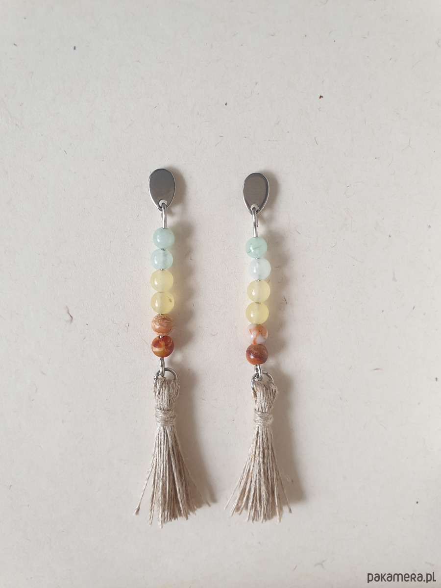 kolczyki z kamieniami Kolczyki BOHO ART z lnianym chwostem, jadeit, jaspis, aqua, żółty, rudy 1