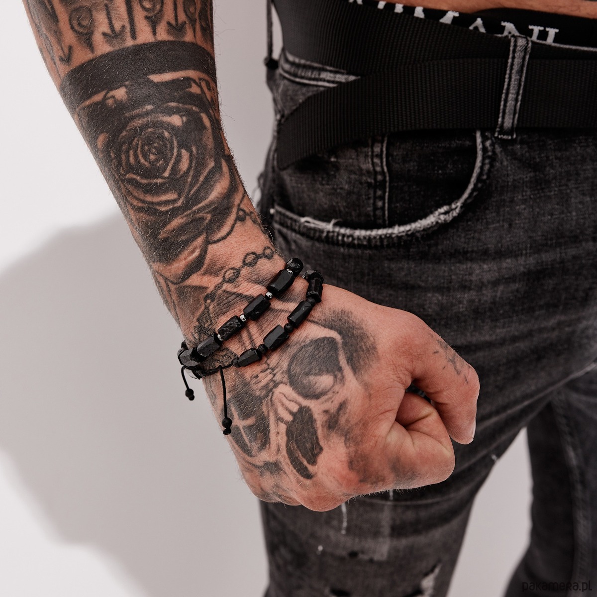 biżuteria męska Męska bransoletka Czarny Turmalin i Lawa na sznurku 2