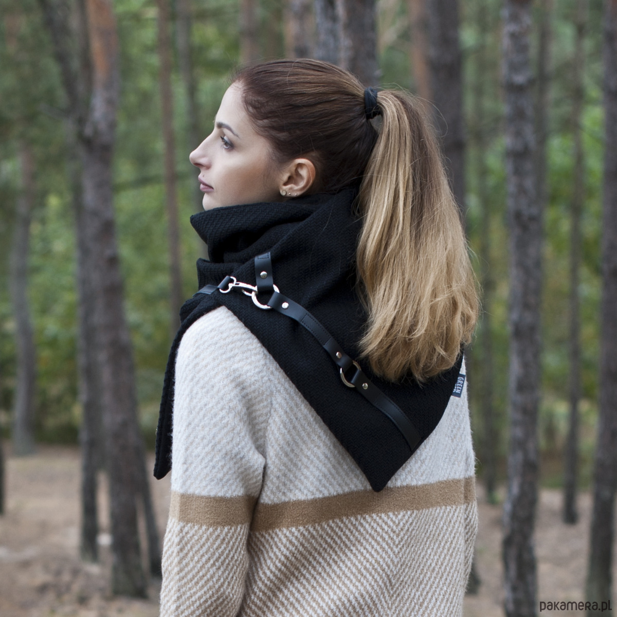 szale damskie Szal wełniany ze skórą, Unisex - Rockowy Czarny 2