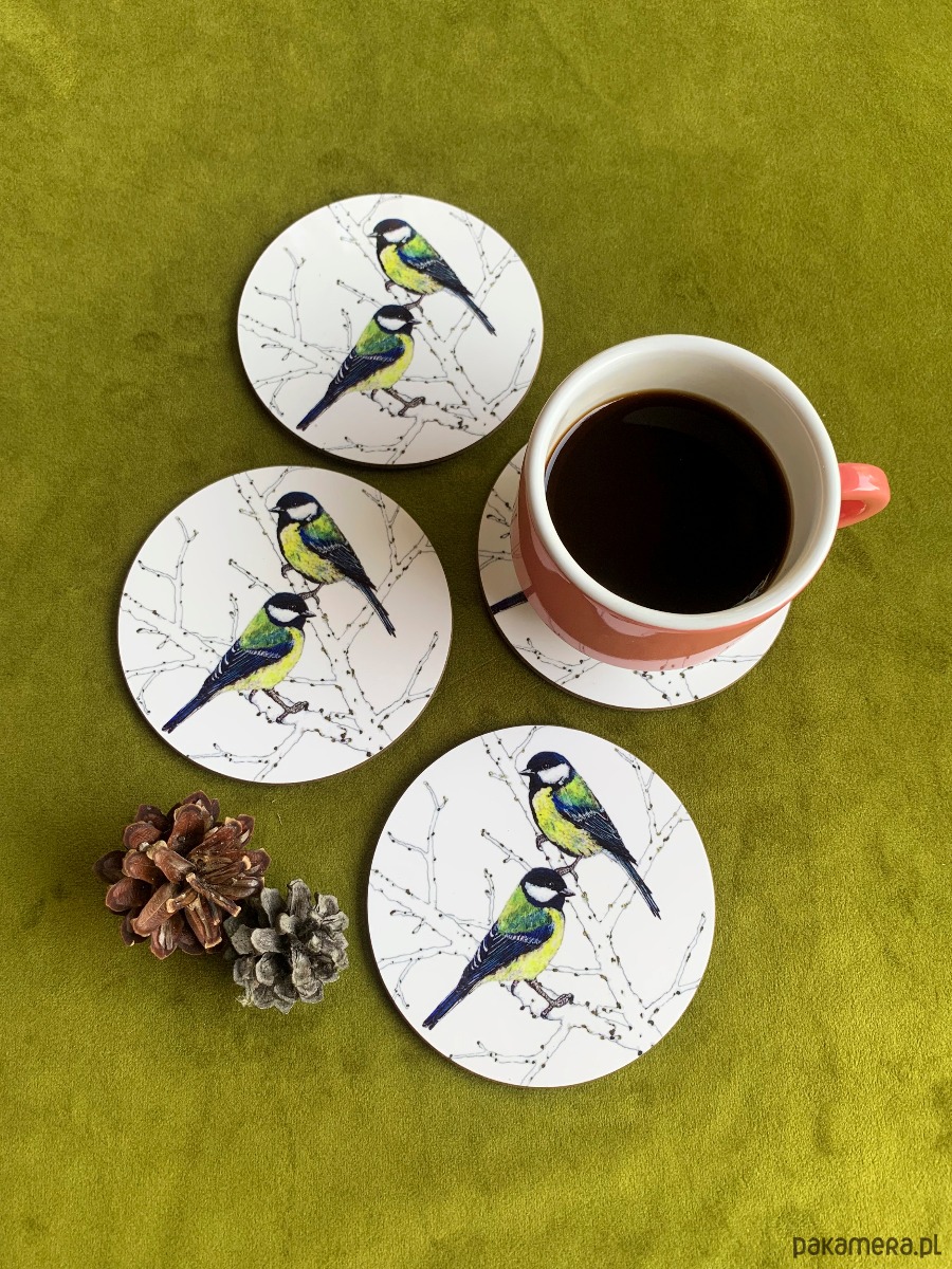 podkładki do kuchni Podkładki pod kubek- Sikorki bogatki-  Ilustracja- Great Tit coasters 1