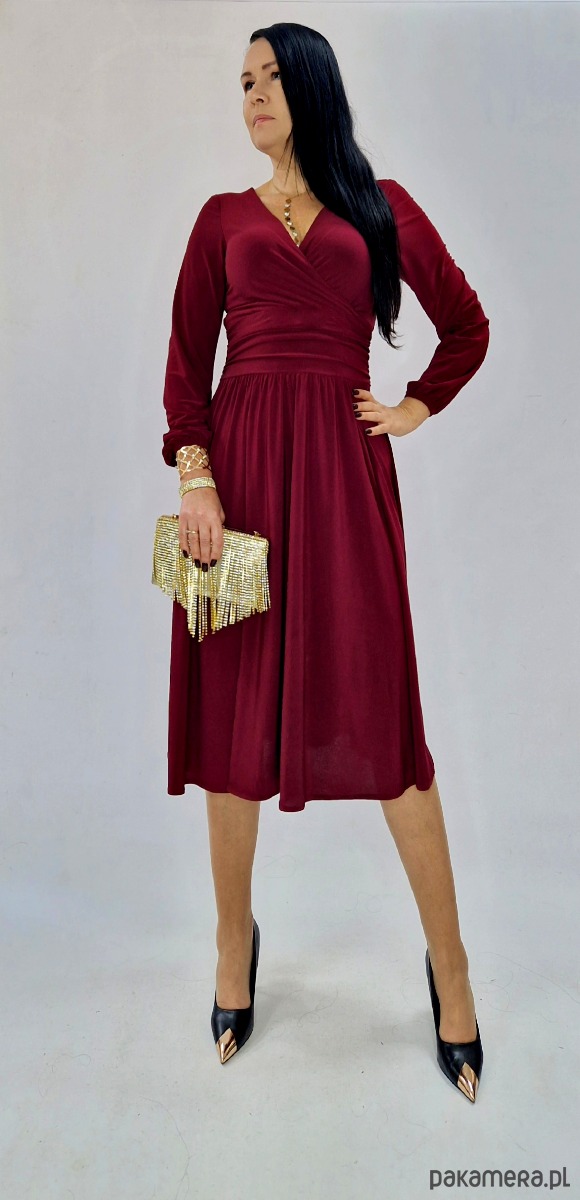 sukienki midi damskie Bordowa  elegancka sukienka  midi draperia r 36-56 1