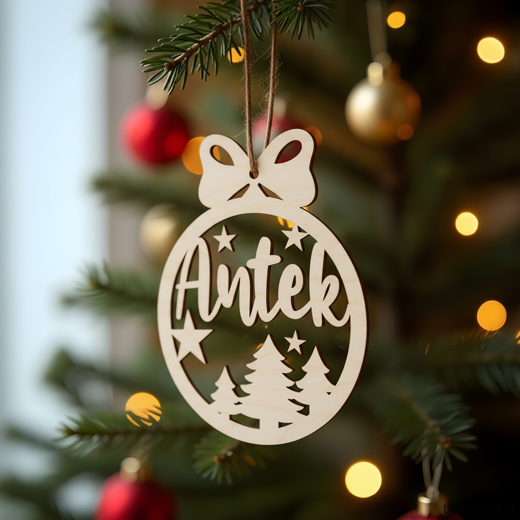 zabawki - inne Drewniana BOMBKA z imieniem personalizowana ozdoba na choinkę 1