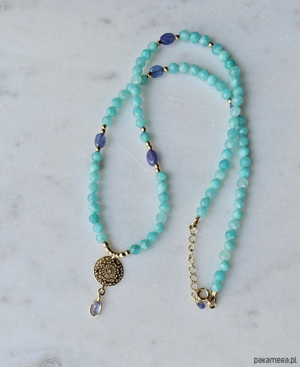 złote naszyjniki Lśniący tanzanit z amazonitami, ekskluzywny naszyjnik 2