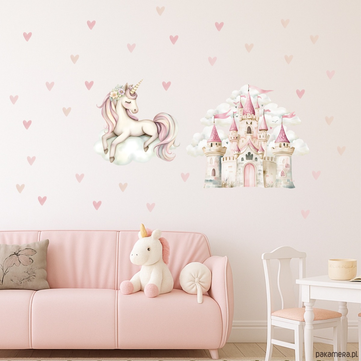 naklejki ścienne do pokoju dziecka Naklejki ścienne dla dzieci Zamek, Jednorożec i serduszka A252 2