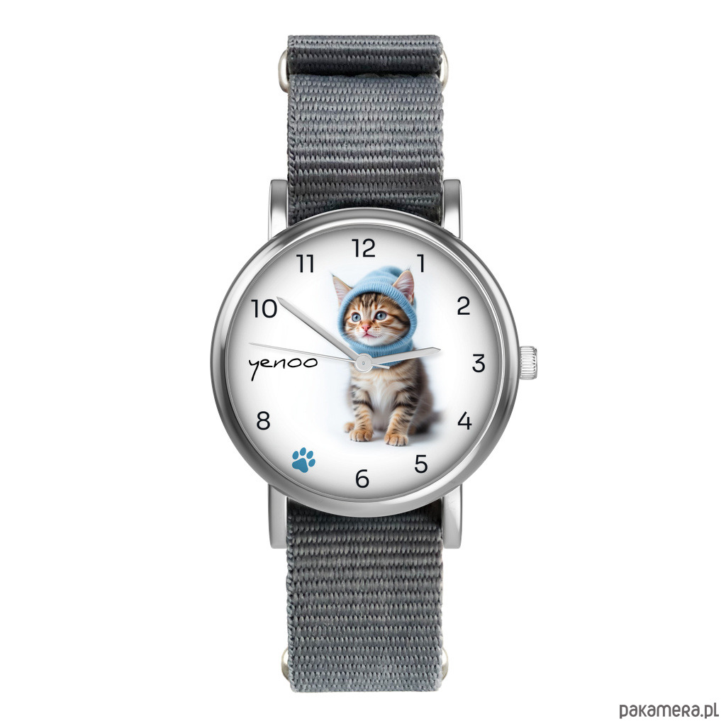 zegarki unisex Zestaw prezentowy - Kotek - zegarek i brelok - nylonowy, szary 1