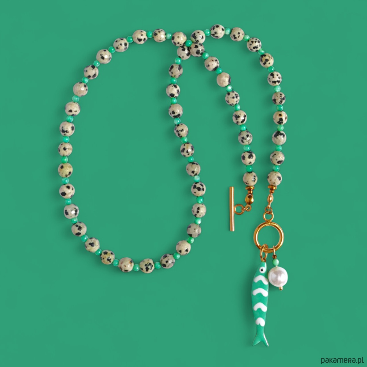 chokery Naszyjnik z rybką : jaspis dalmatyński, masa perłowa, perła 3