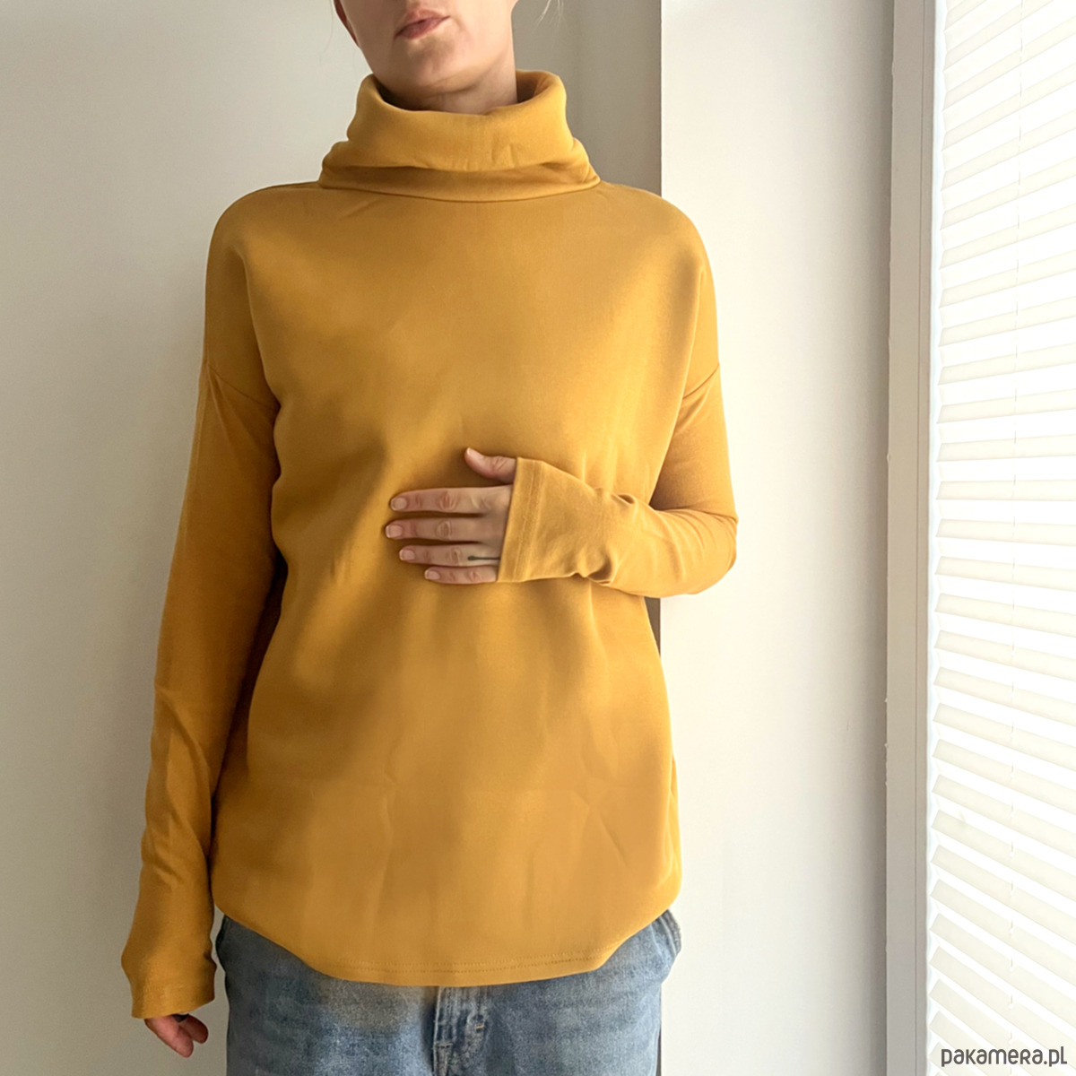 bluza bez kaptura damska Wąski rękaw Golf Musztarda 5