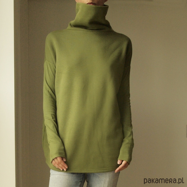 bluza bez kaptura damska Wąski rękaw Golf Oliwka 2