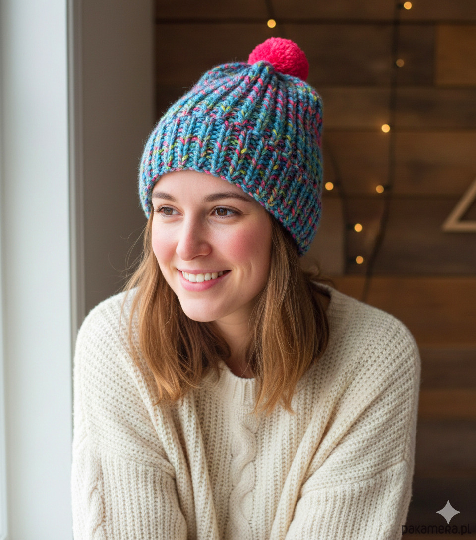 czapki damskie 6914 Wielokolorowa Czapka Zimowa z Neonowym Pomponem 1