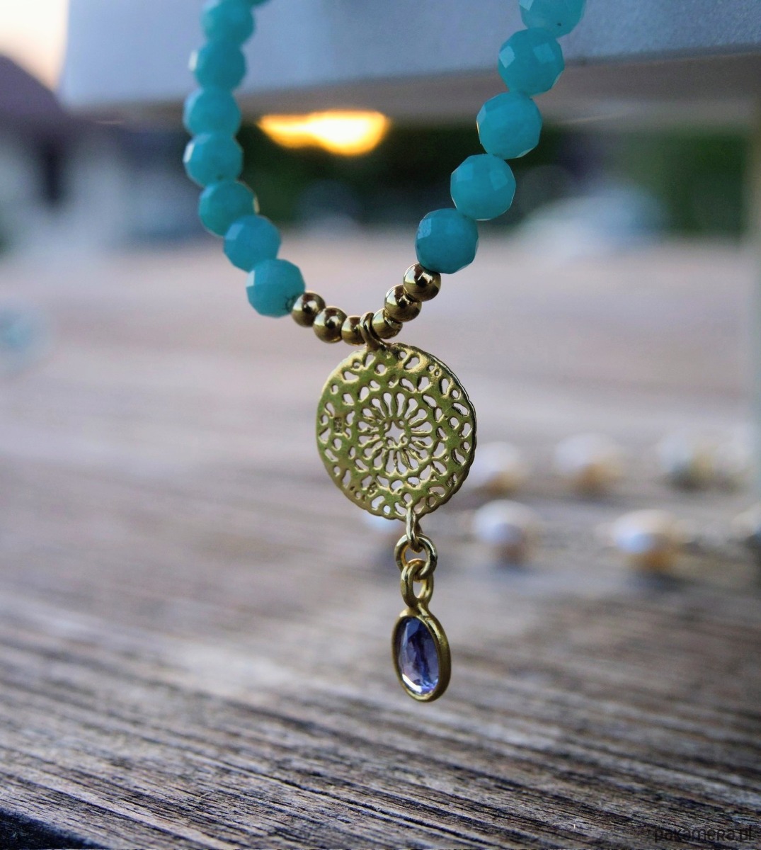 złote naszyjniki Lśniący tanzanit z amazonitami, ekskluzywny naszyjnik 1