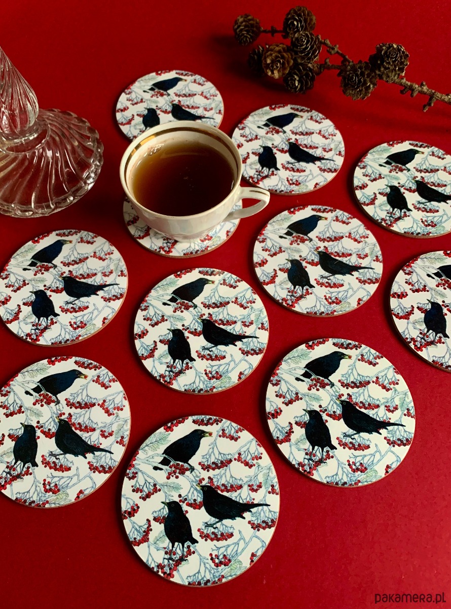 podkładki do kuchni Podkładki pod kubek- Kosy w jarzębinie- Ilustracja- Black birds 2