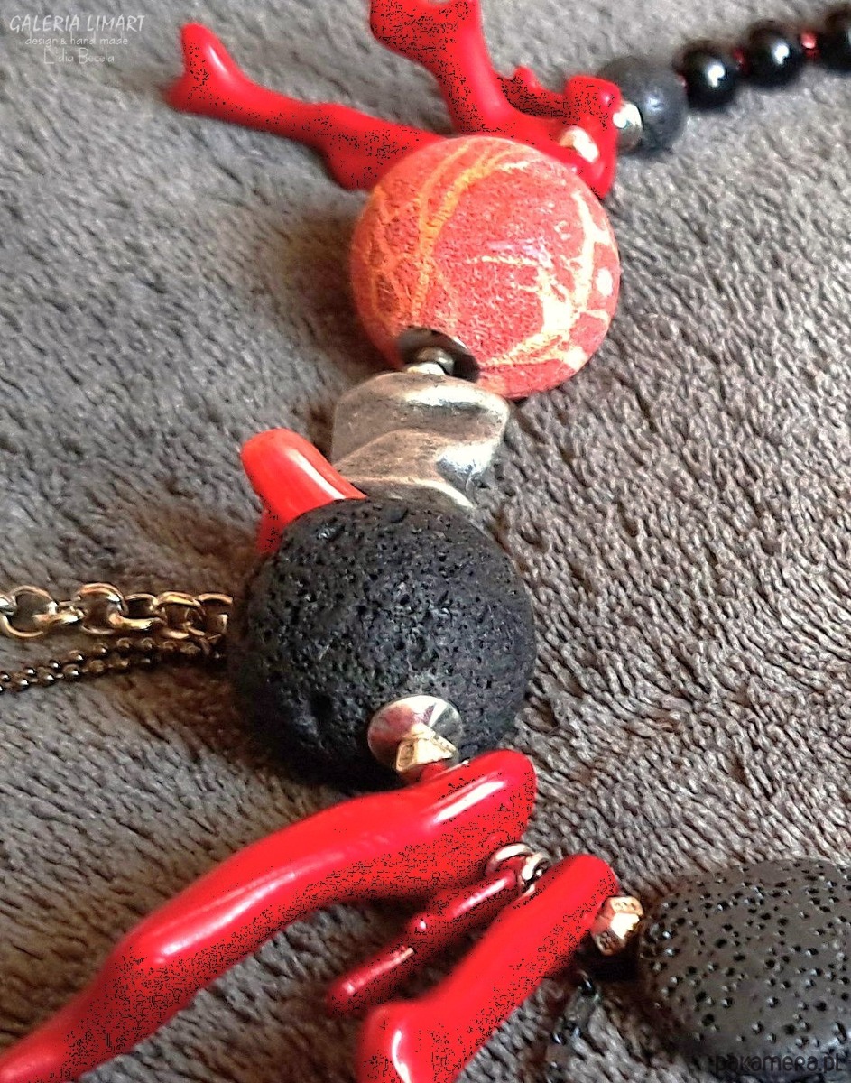 korale Niezwykły naszyjnik etno/boho z ciekawym koralem i lawą  prezent  lux UNIKAT 2