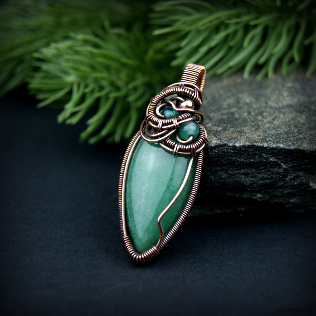 wisiory Wisiorek z zielonym agatem  wire wrapping 4