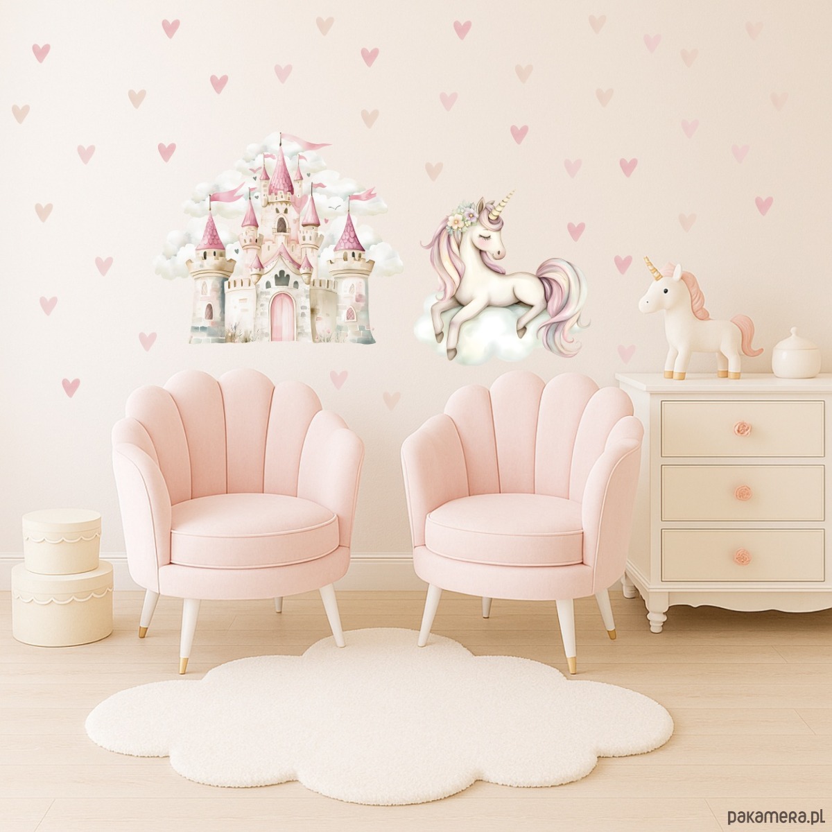 naklejki ścienne do pokoju dziecka Naklejki ścienne dla dzieci Zamek, Jednorożec i serduszka A252 4