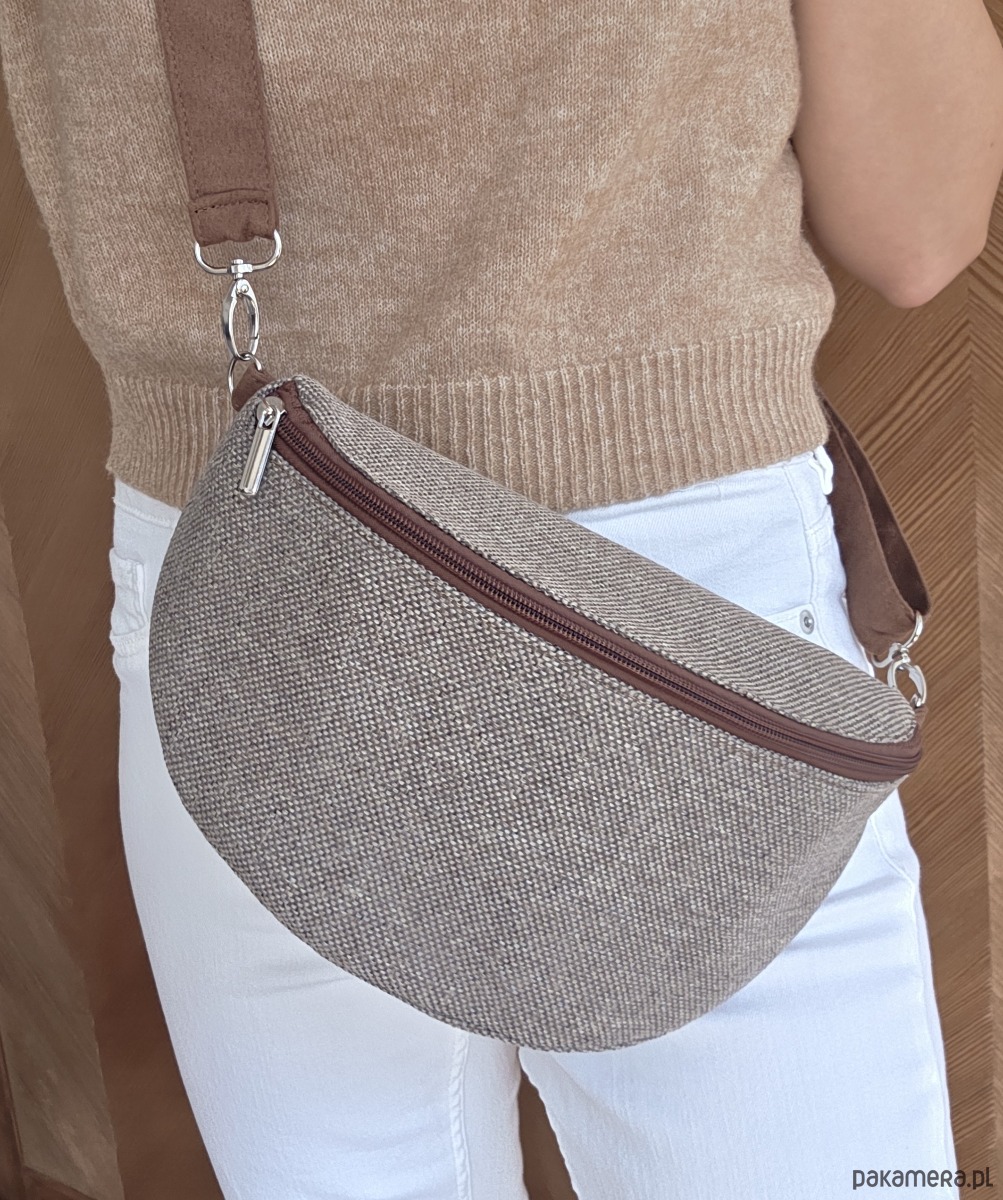 saszetka nerka Beżowo brązowa nerka pleciony materiał boho na ramię pojemna 1