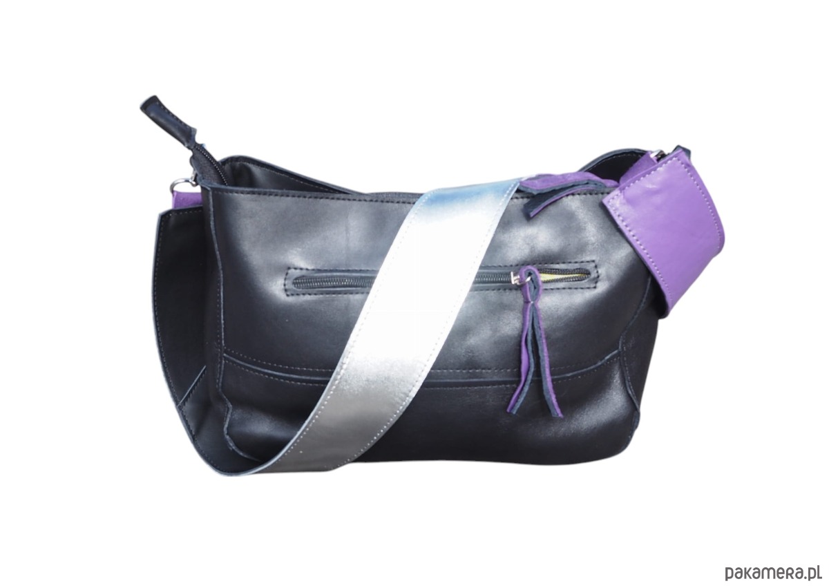 torby na ramię Czarna skórzana listonoszka z szerokim kolorowym  paskiem 2