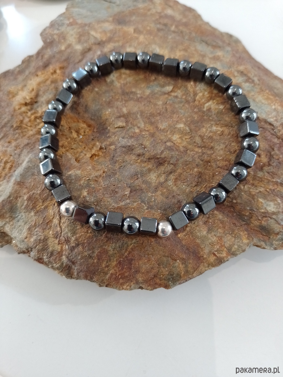 biżuteria męska MĘSKA Bransoletka z naturalnymi kamieniami-  hematyt i srebro na gumce 2