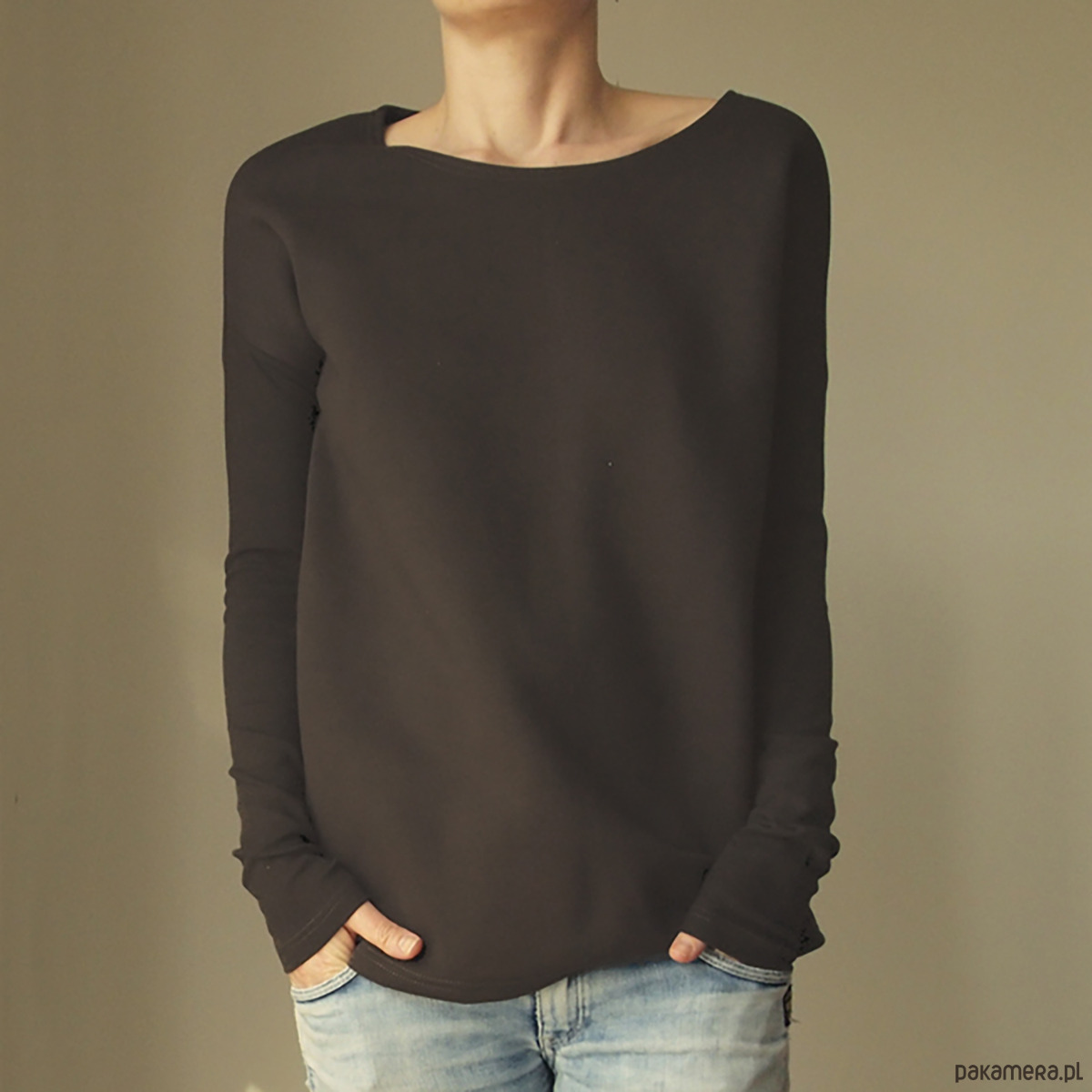 bluza bez kaptura damska Gruby Wąski rękaw Brązowy 2