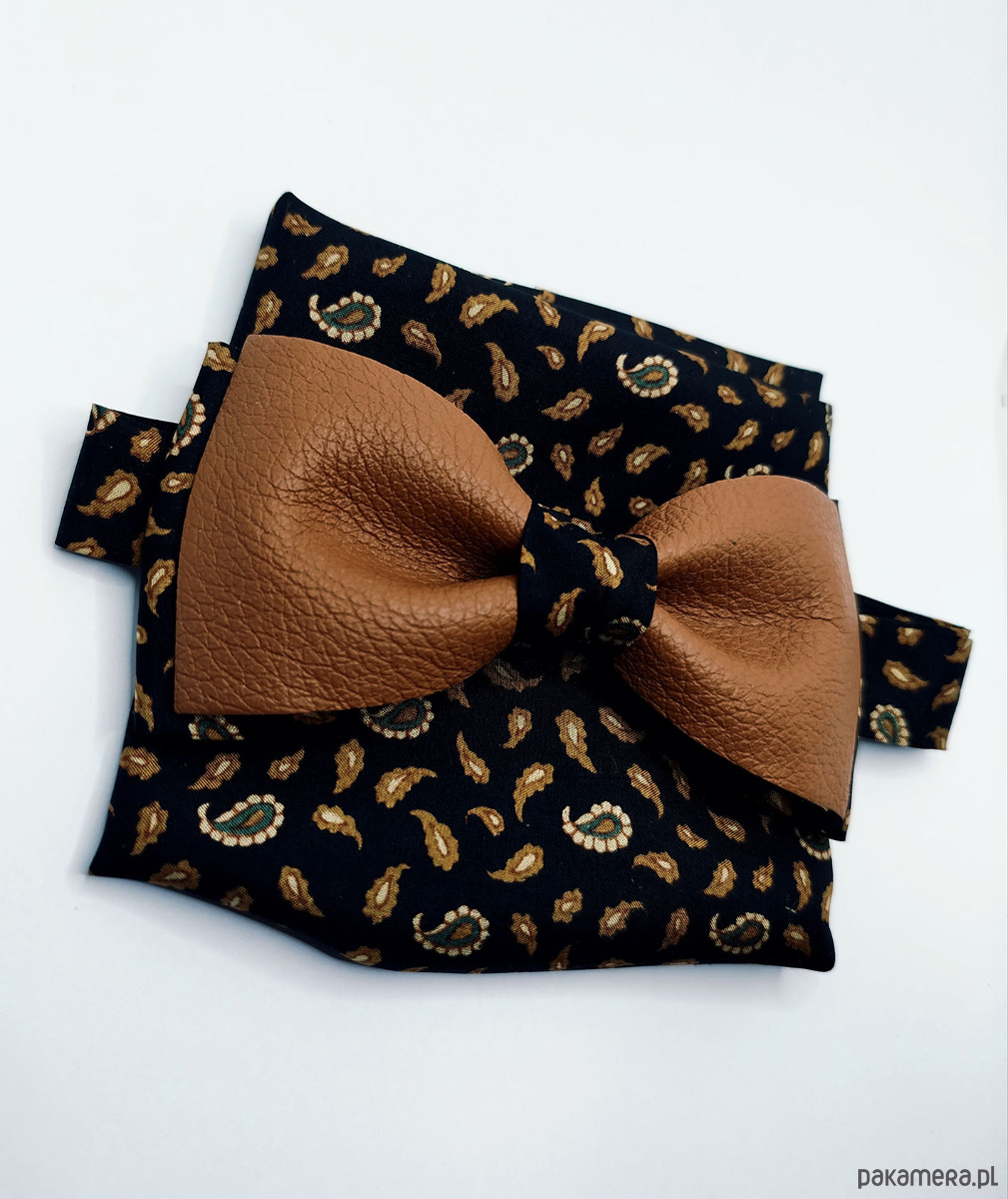 muszki i krawaty Mucha / muszka męska  brązowo czarna / skóra / jedwab 4