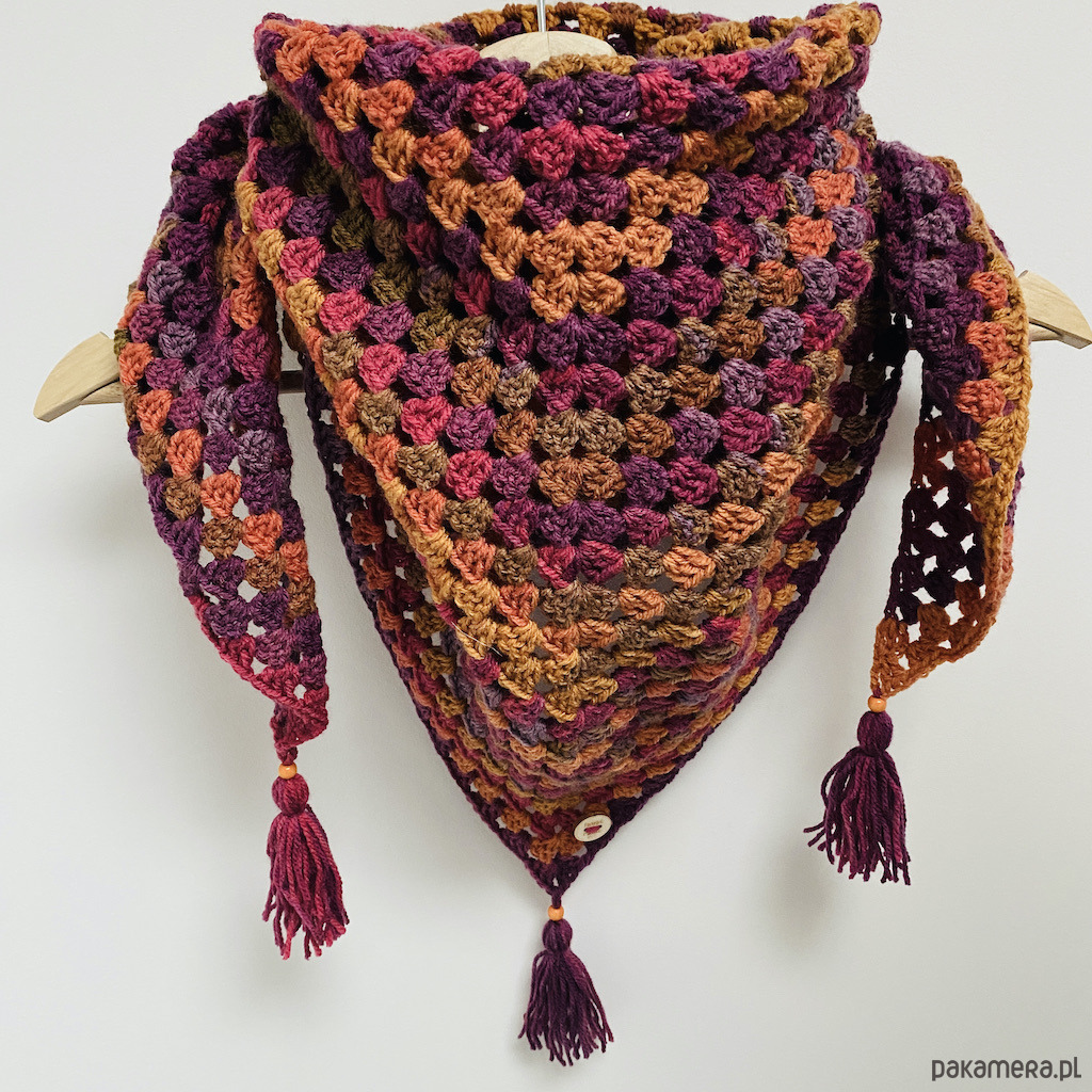 szale damskie Ciepła kolorowa  chusta Granny z chwostami ręcznie robiona 4