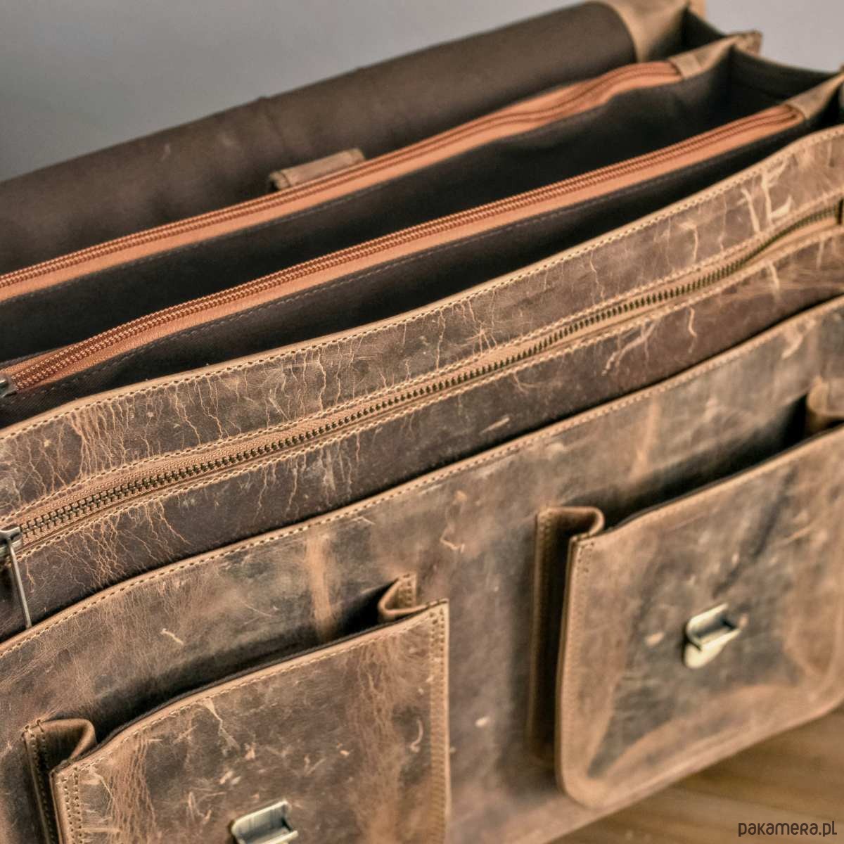 torby i nerki męskie Belveder Brązowa Torba do Pracy z kieszeniami Skóra Buffalo Vintage MB44 6