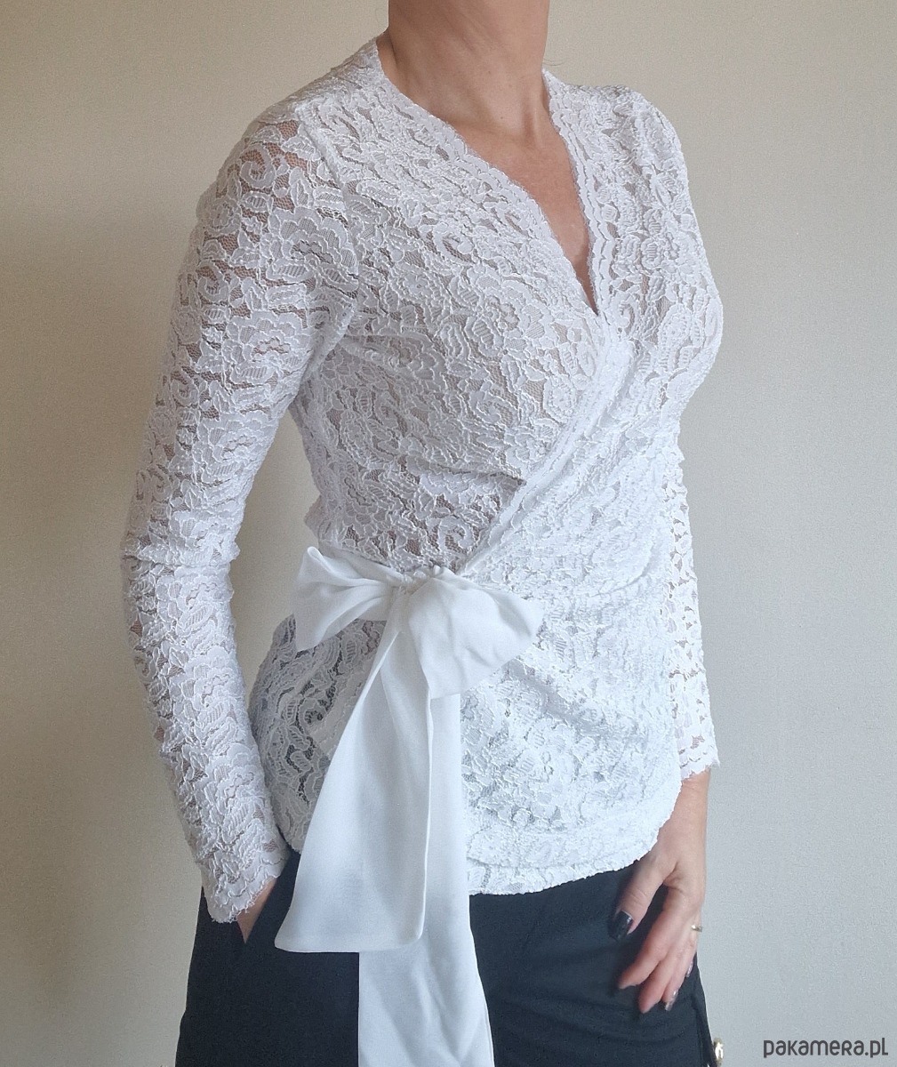 bluzki z długim rękawem damskie Elegancka bluzka z koronki ecru z kokardą roz 34-56 5