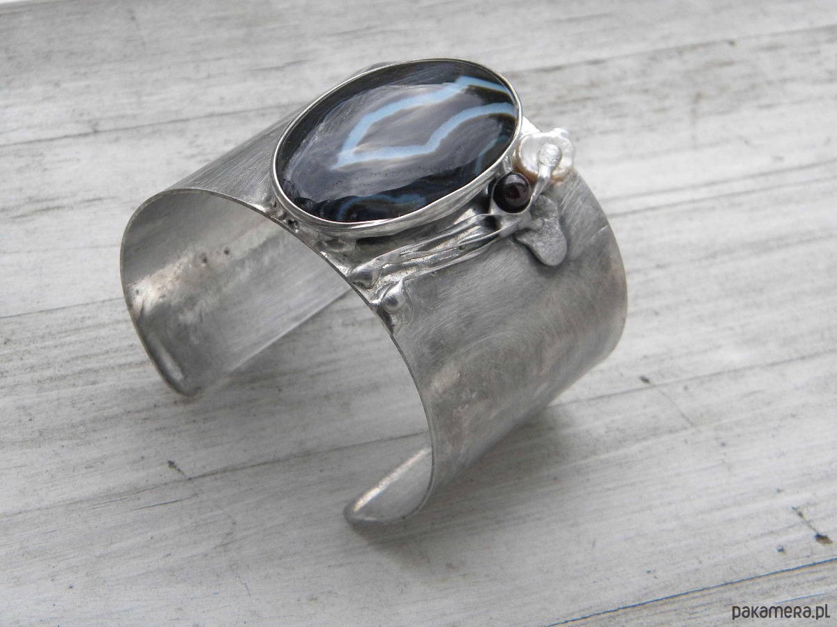 bransoletki wire wrapping Agat - perła - granat  - BRANSOLETA MANKIET - CUFF 3