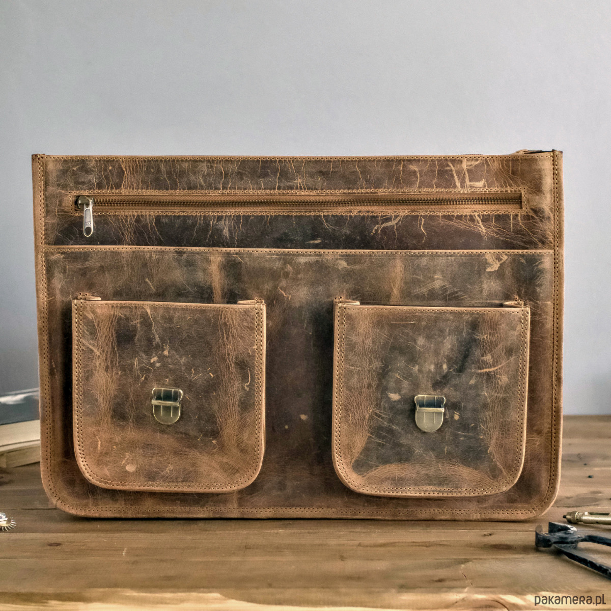 torby i nerki męskie Brązowa Torba do Pracy Męska duża z kieszeniami Skóra Buffalo Vintage MB44 5