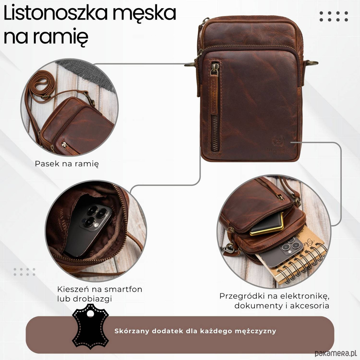 torby i nerki męskie Saszetka męska skórzana na ramię brązowa mała funkcjonalna IM-02-BR 1